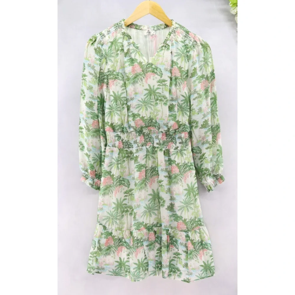 Vineyard Vines Girls Smocked Waist Dress Green Pink Palms Viscose Sz XL(16) NWT - Picture 2 of 9